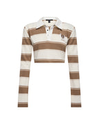 Womens Academy Ls Polo Shirt Tan Stripe Slim Fashion Tops - Beige