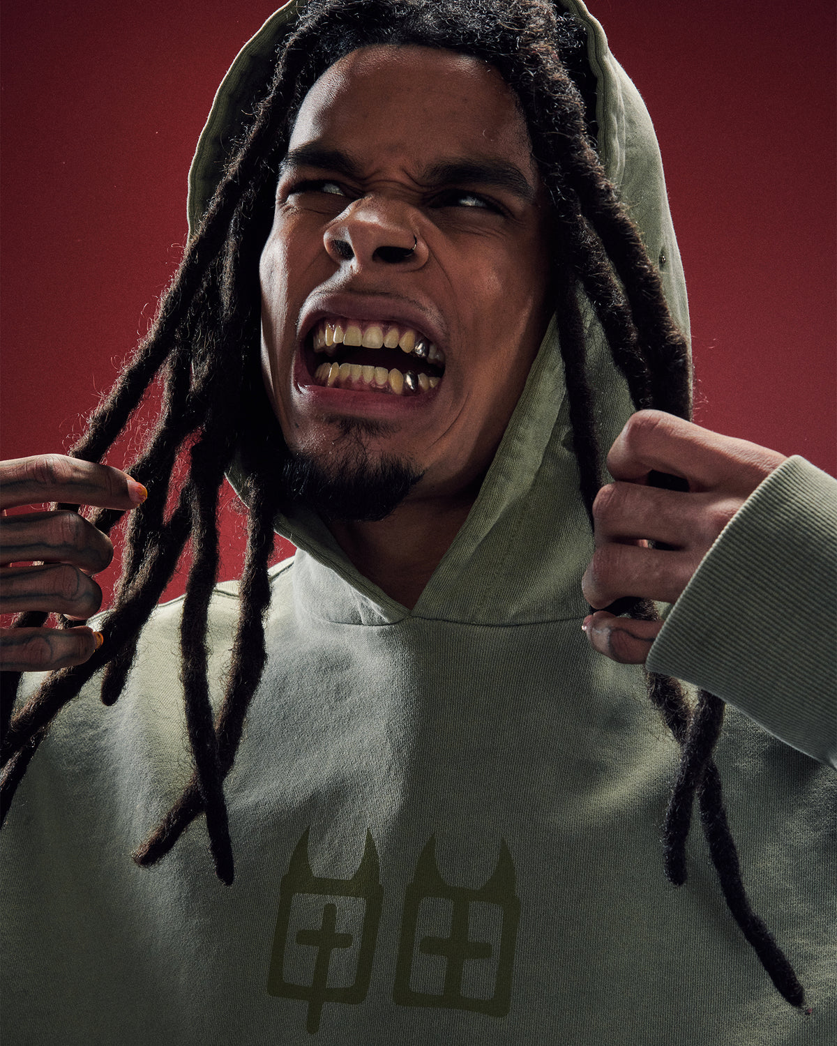 Mens Devil Trip Hoodie Khaki Oversized Fleece - Khaki