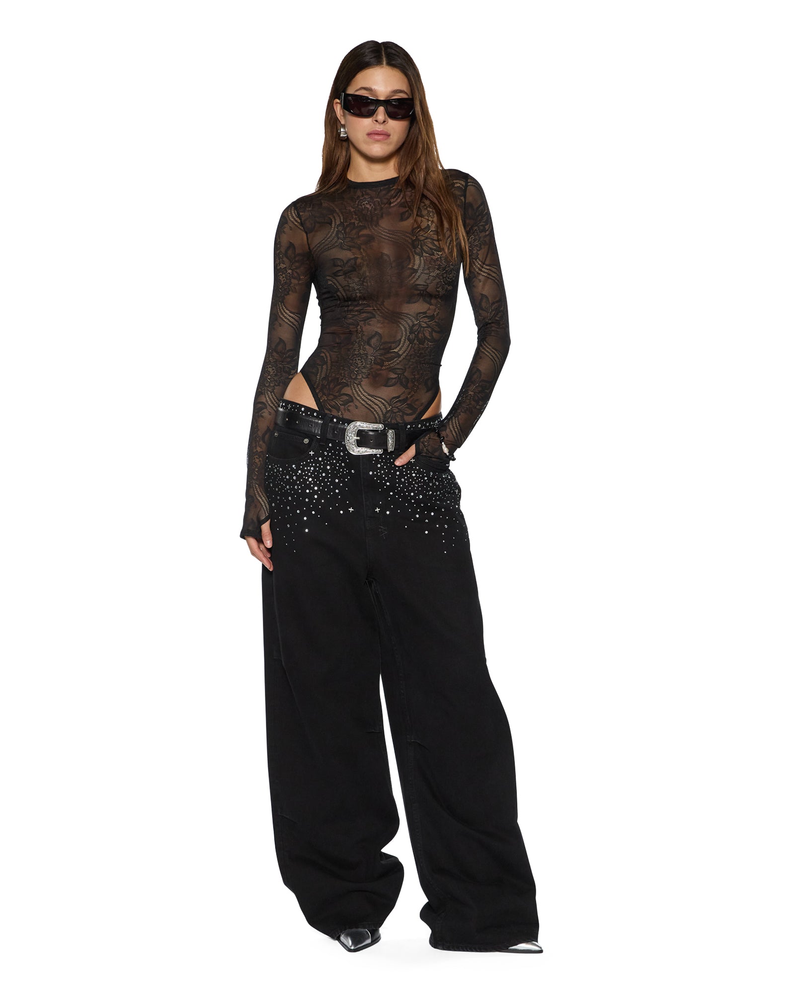 WOMENS  ADELE LS BODYSUIT BLACK LACE FITTED FASHION TOPS