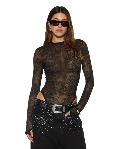 Womens Adele Ls Bodysuit Black Lace Fashion Tops | Ksubi ++