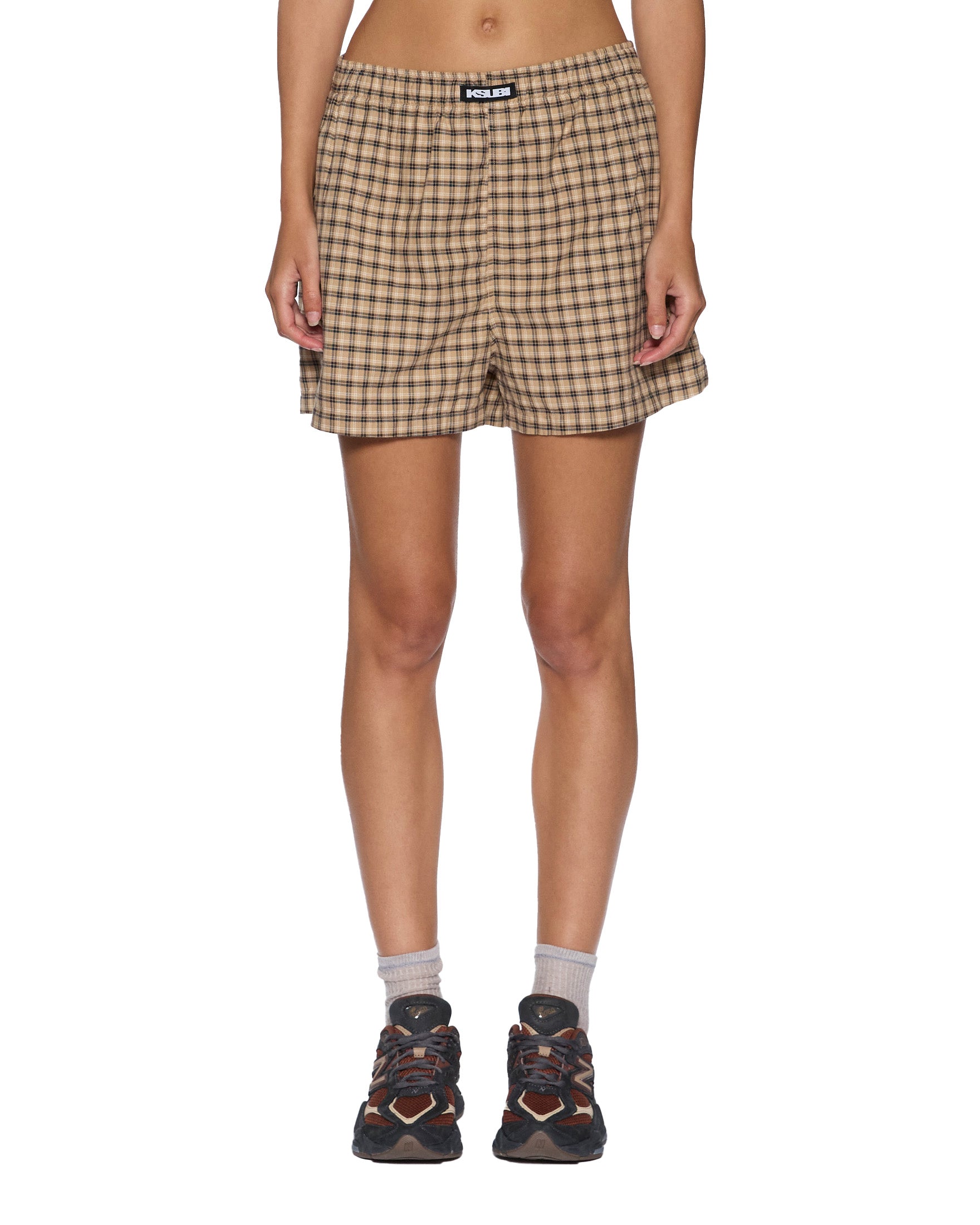 WOMENS  BOXER SHORTS TAN PLAID REGULAR WALKSHORTS