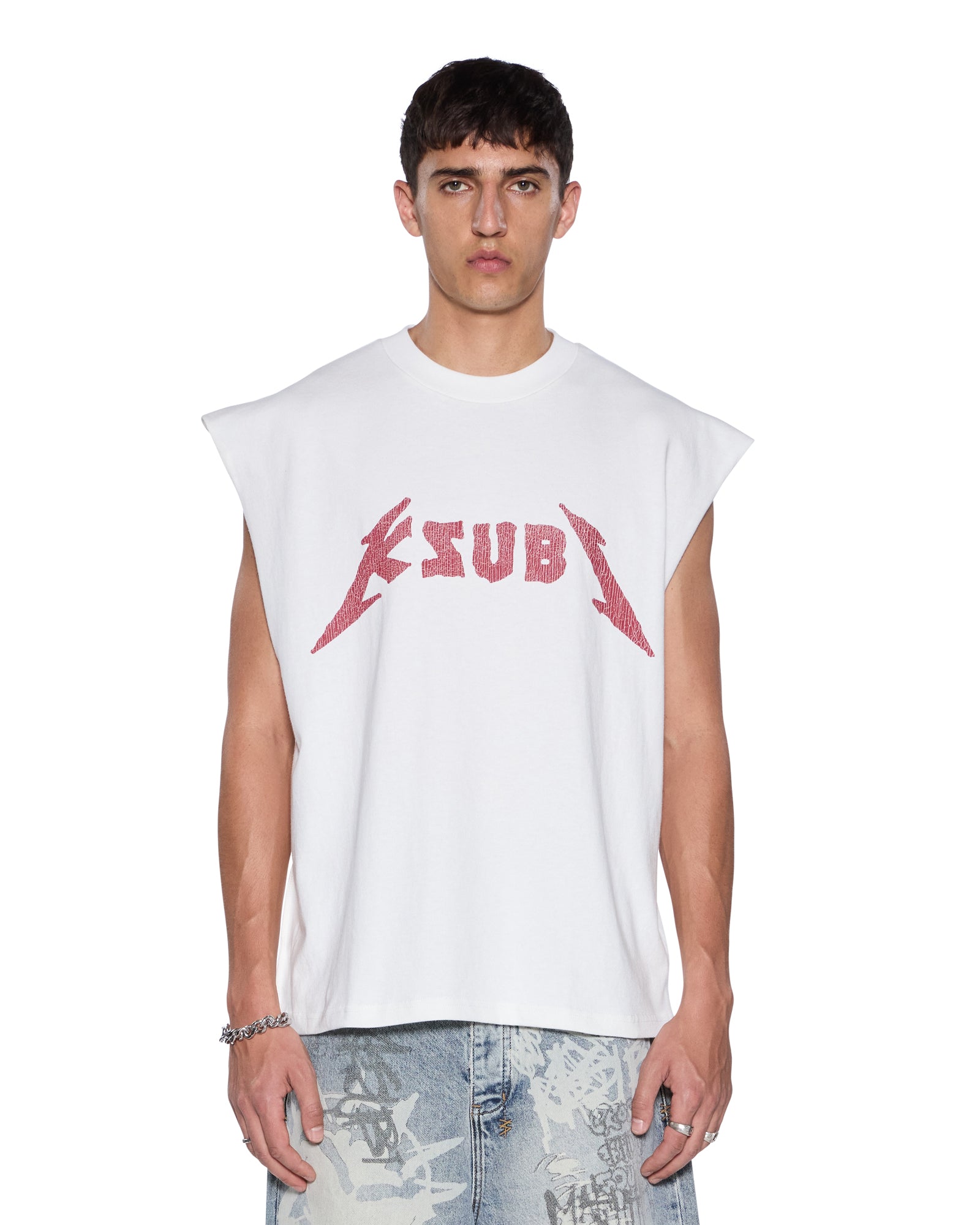 MENS  LINE UP EKCESS CUT OFF TEE WHITE/RED OVERSIZED TEES