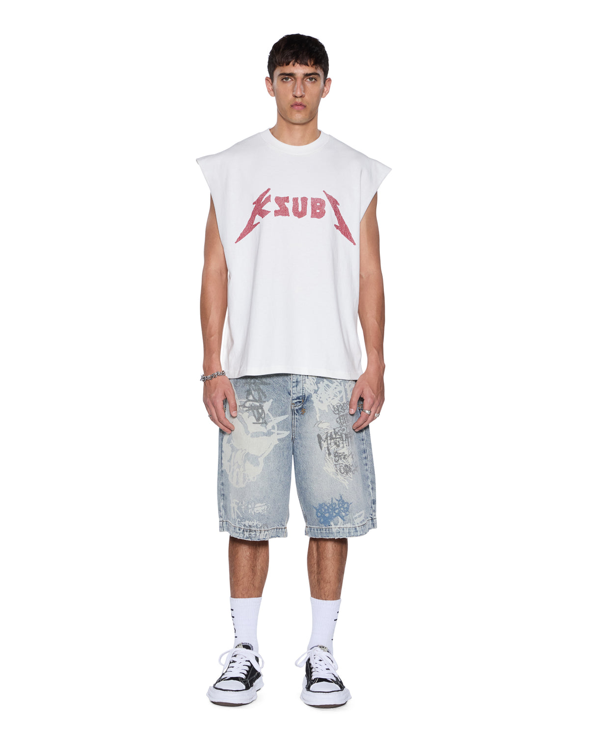 MENS LINE UP EKCESS CUT OFF TEE WHITE/RED TEES