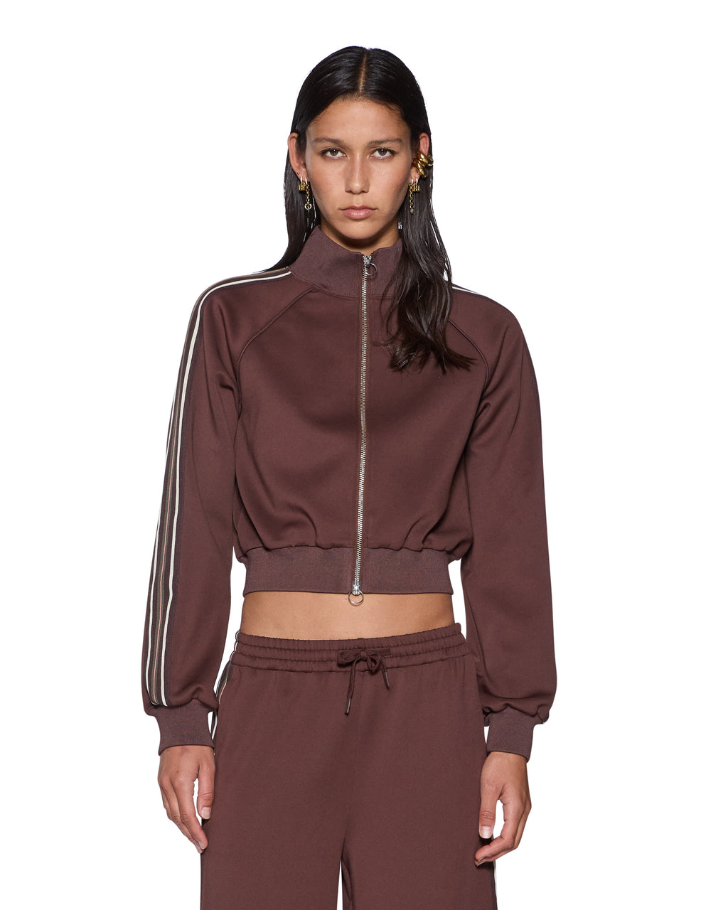 WOMENS CROPPED ZIP TRAK TOP MOCHA FASHION TOPS