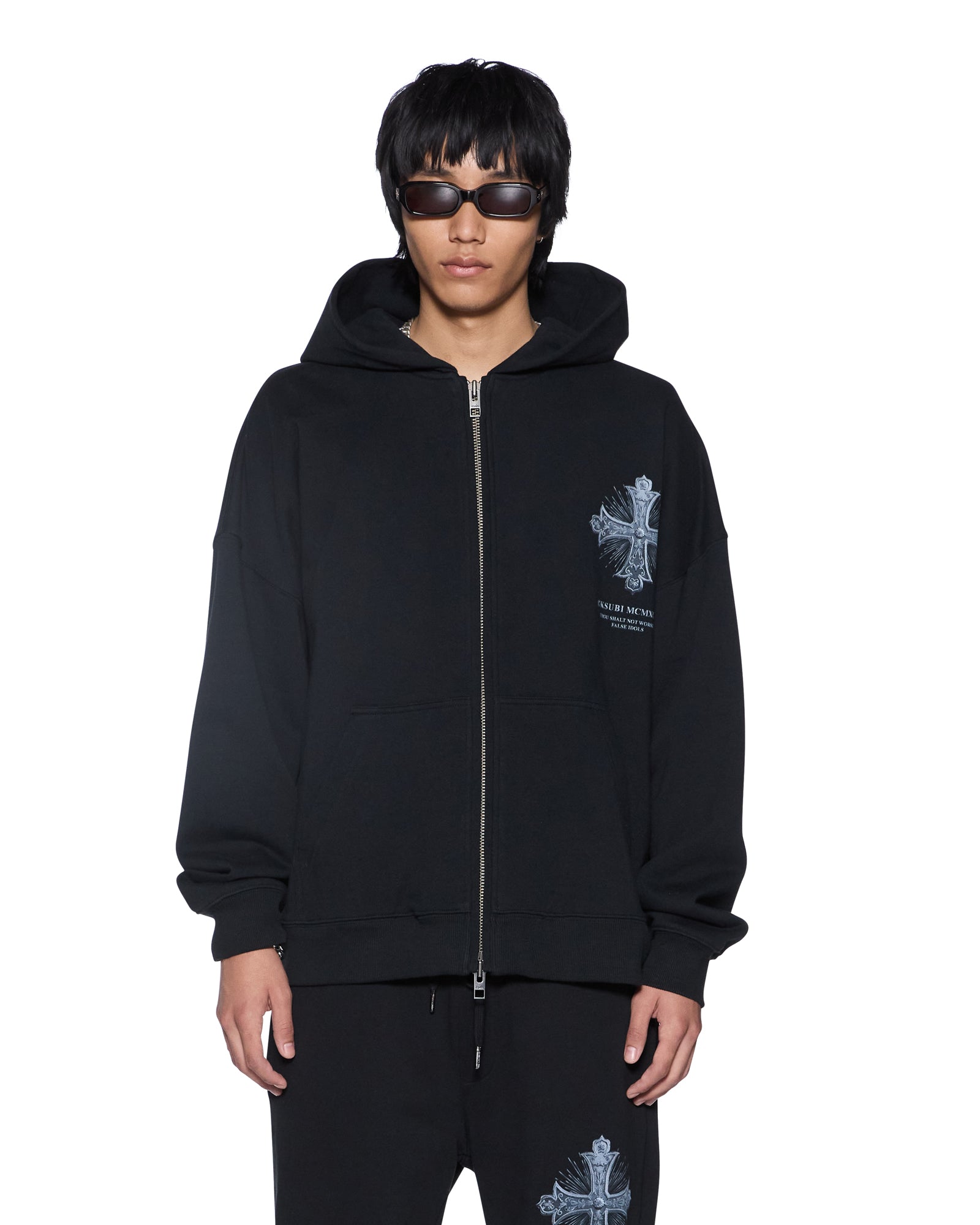 Mens False Idols Ekcess Zip Hoodie Jet Black Fleece | Ksubi ++