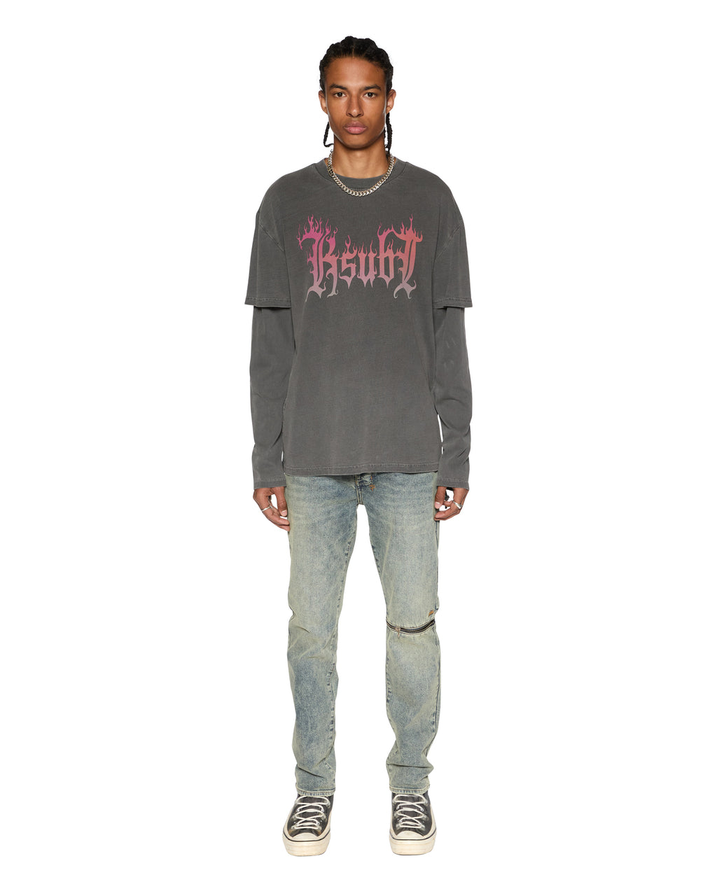 Mens Fuego Layered Ls Tee Charcoal Oversized Tees - Black