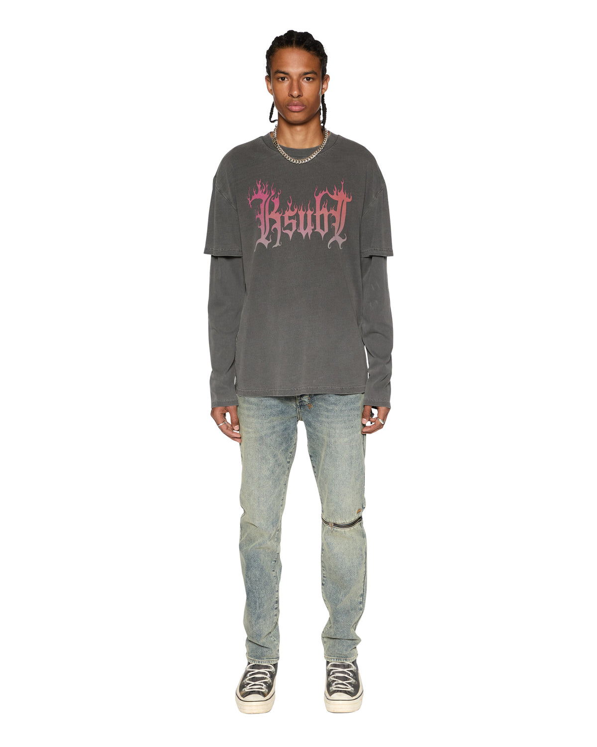 Mens Fuego Layered Ls Tee Charcoal Oversized Tees - Black