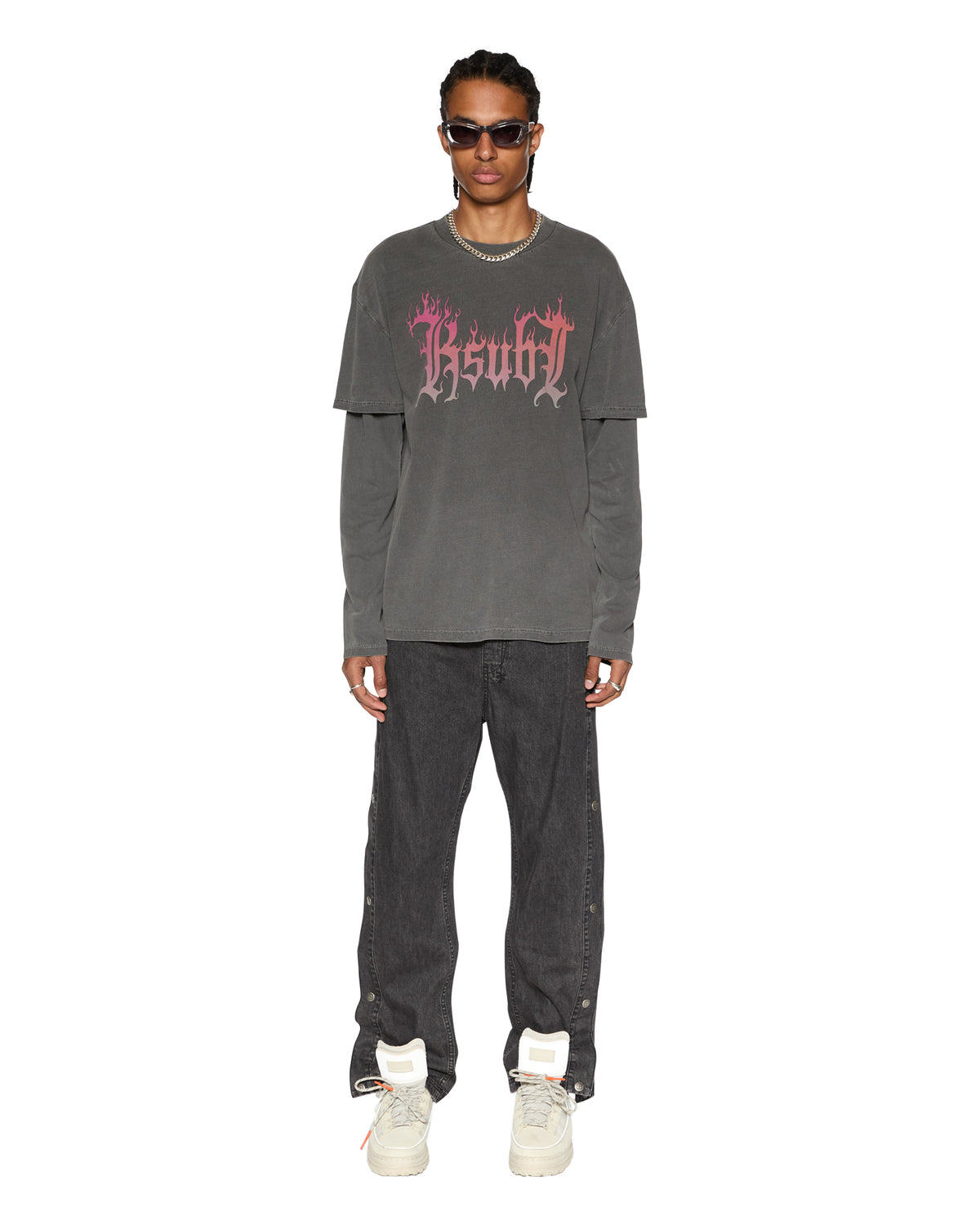 Mens Fuego Layered Ls Tee Charcoal Oversized Tees - Black