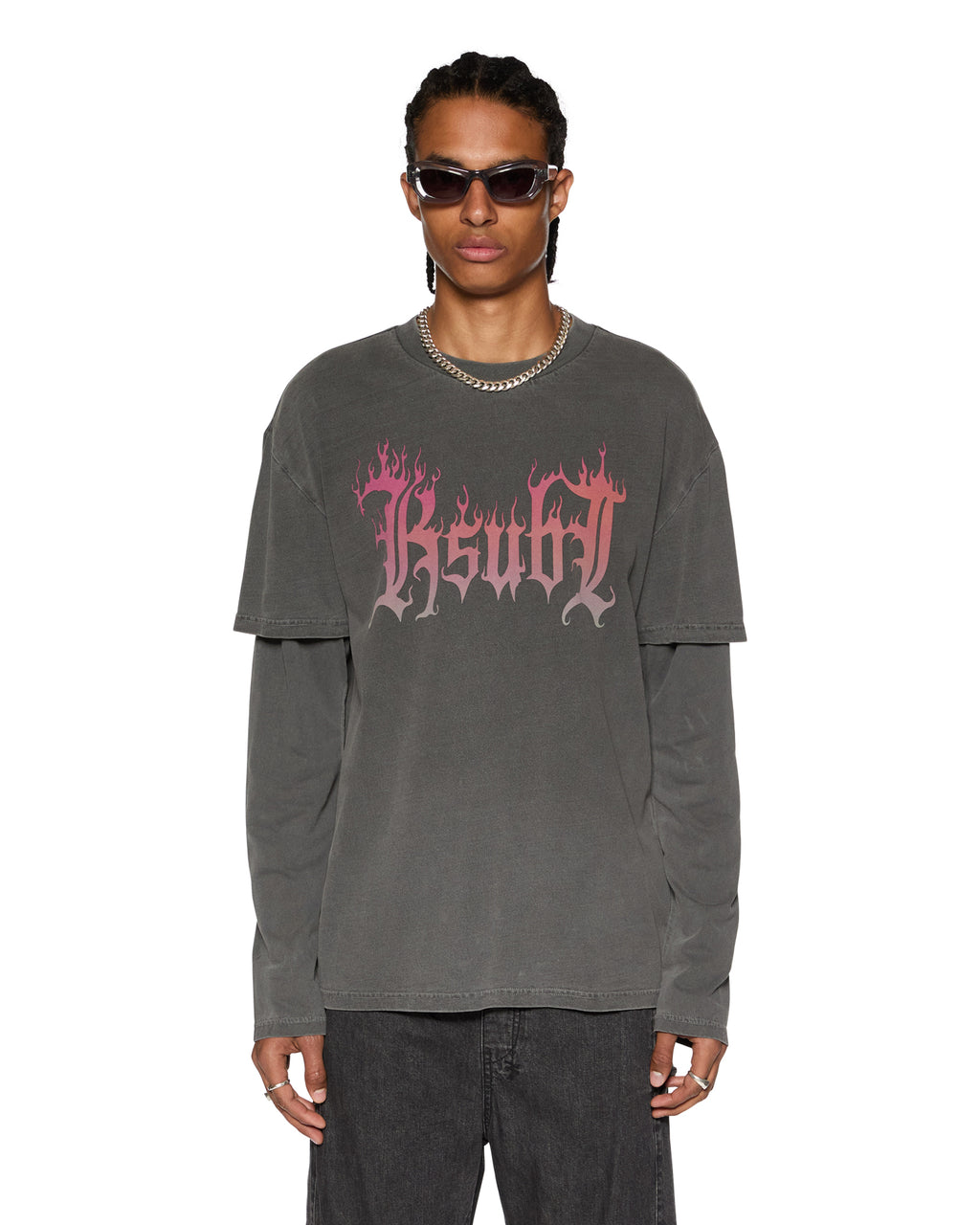 Mens Fuego Layered Ls Tee Charcoal Oversized Tees - Black