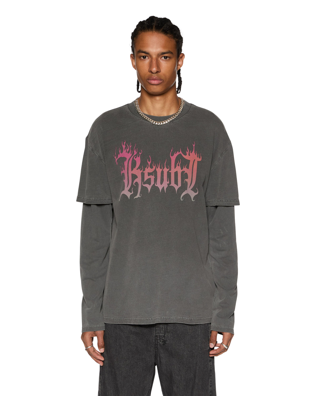 Mens Fuego Layered Ls Tee Charcoal Oversized Tees - Black