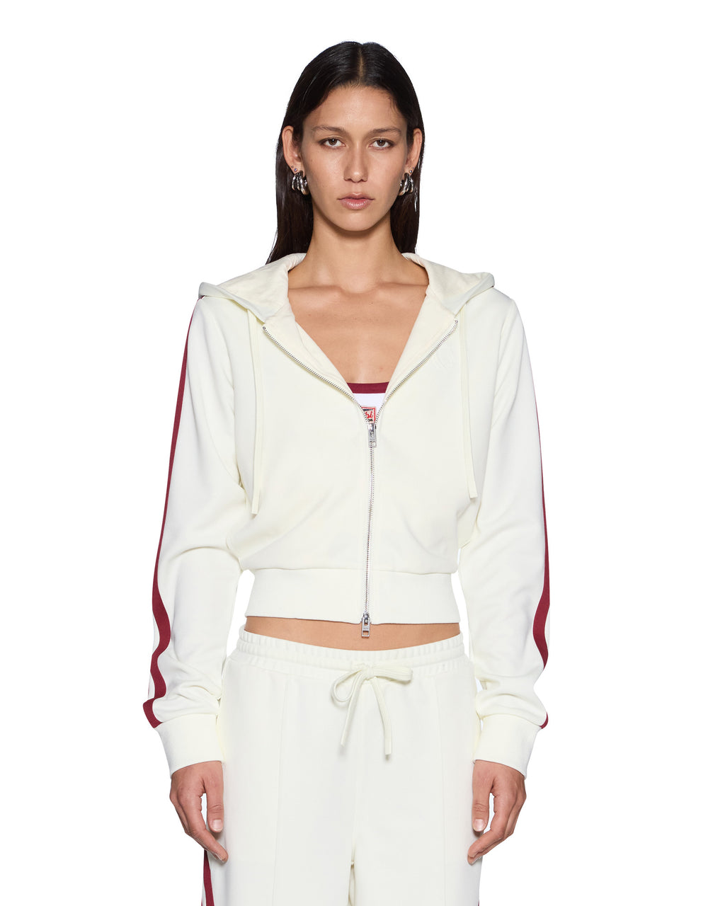 Womens Carter Slim Hoodie Off White Burgundy Relaxed Fleece - Beige