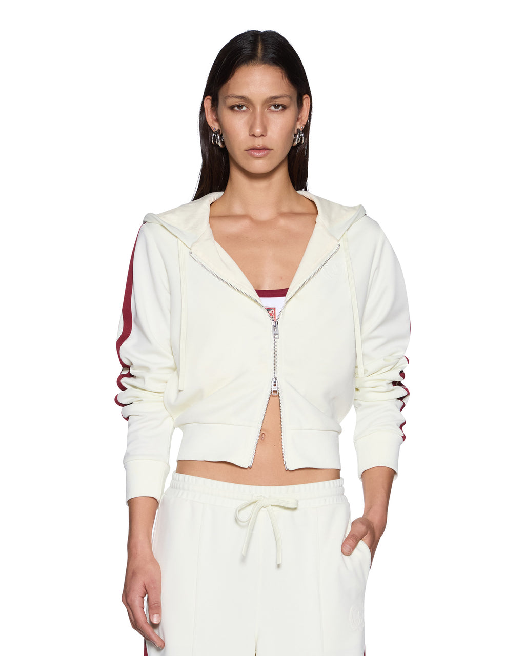 Womens Carter Slim Hoodie Off White Burgundy Relaxed Fleece - Beige