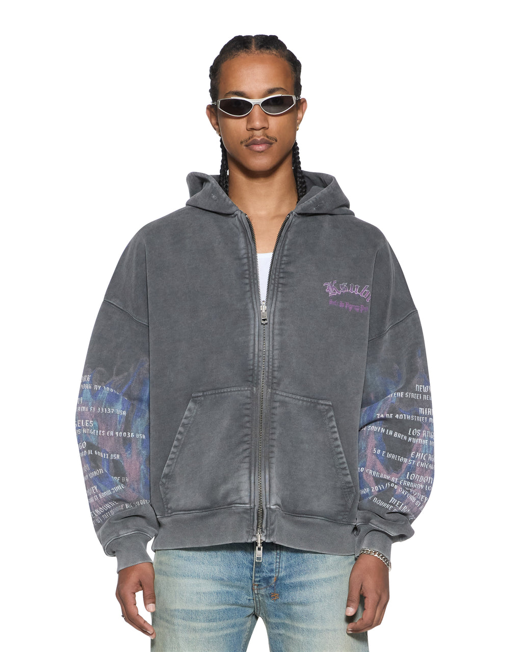 Mens Fallen Ekcess Zip Hoodie Faded Black Oversized Fleece - Grey