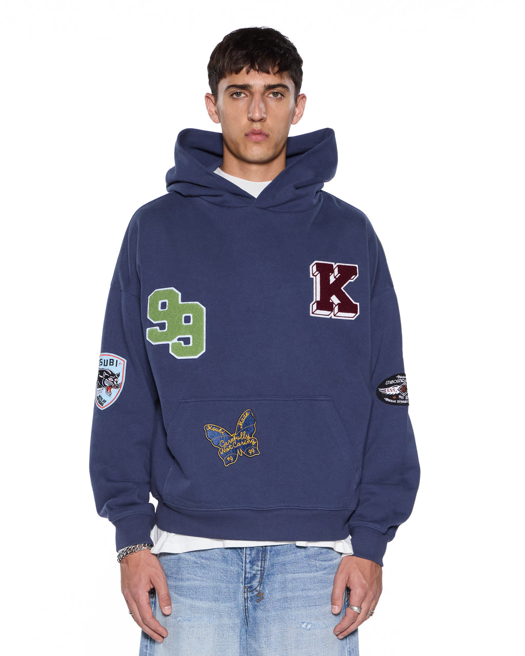 MENS PATCHED EKCESS HOODIE NAVY FLEECE