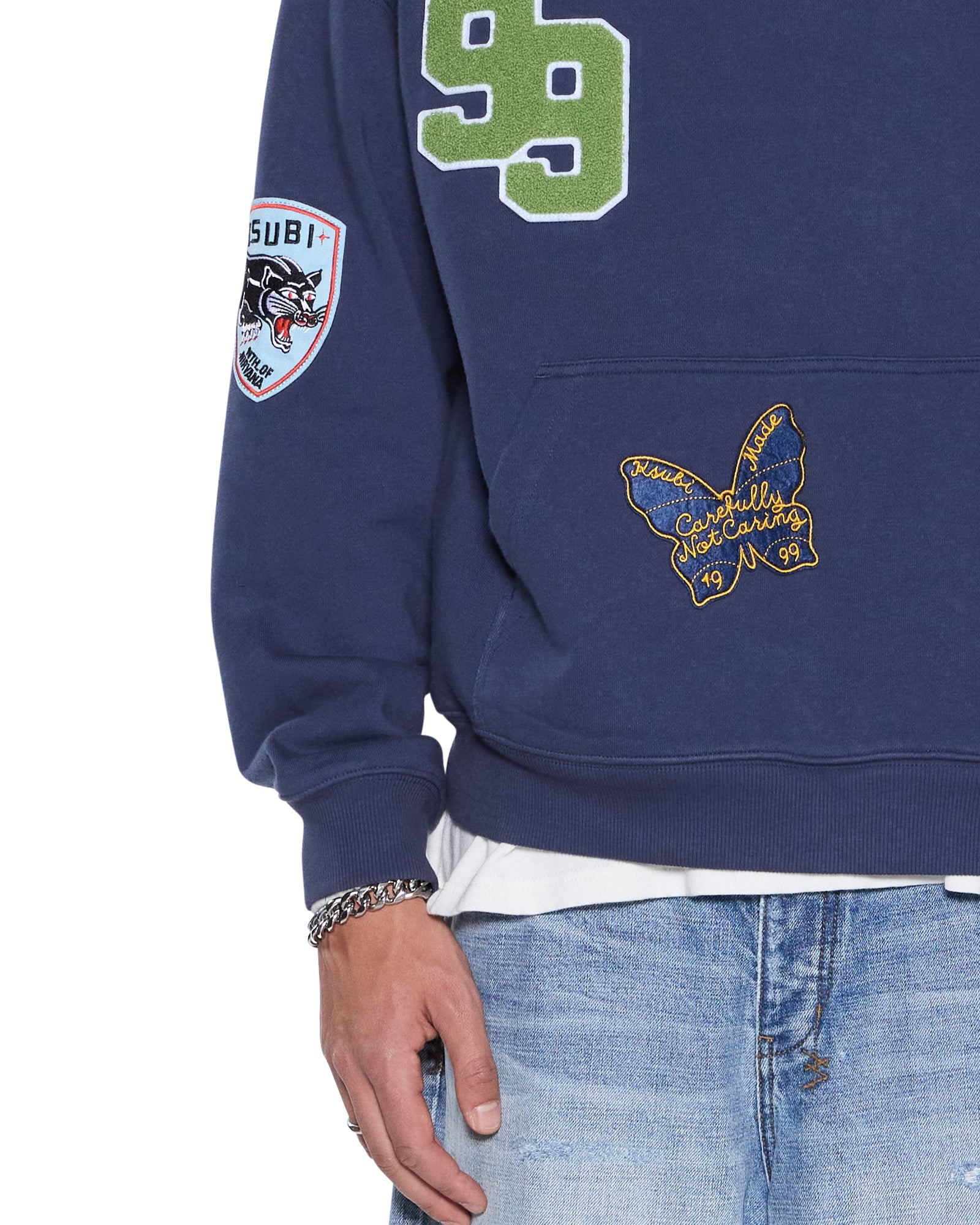 MENS  PATCHED EKCESS HOODIE NAVY OVERSIZED FLEECE