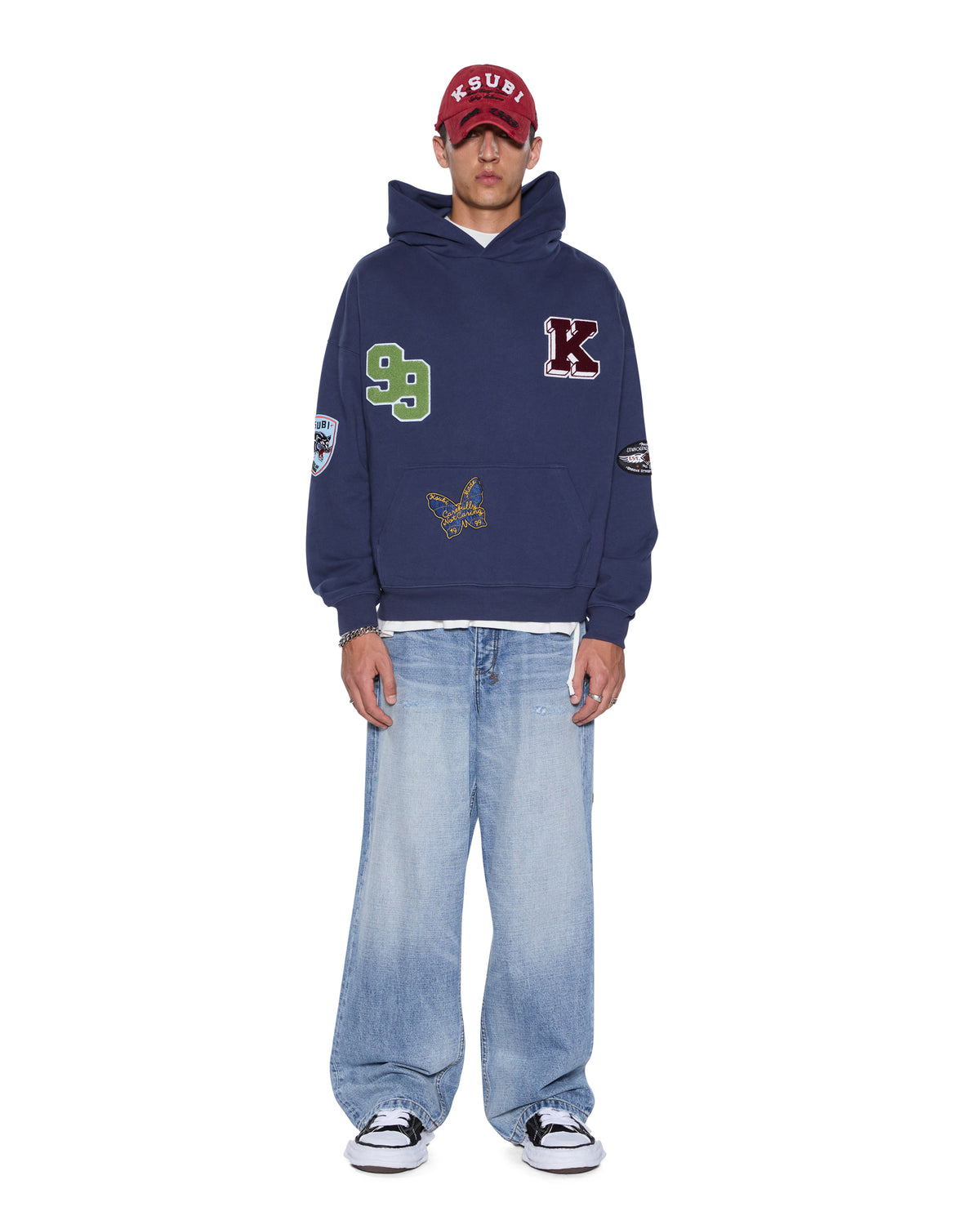 MENS PATCHED EKCESS HOODIE NAVY FLEECE