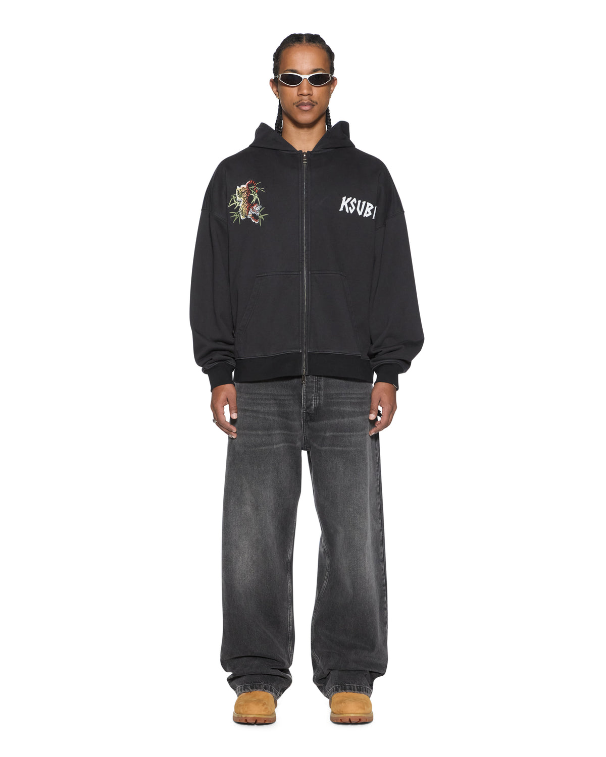 Mens Stay Up Ekcess Zip Hoodie Faded Black Oversized Fleece - Black