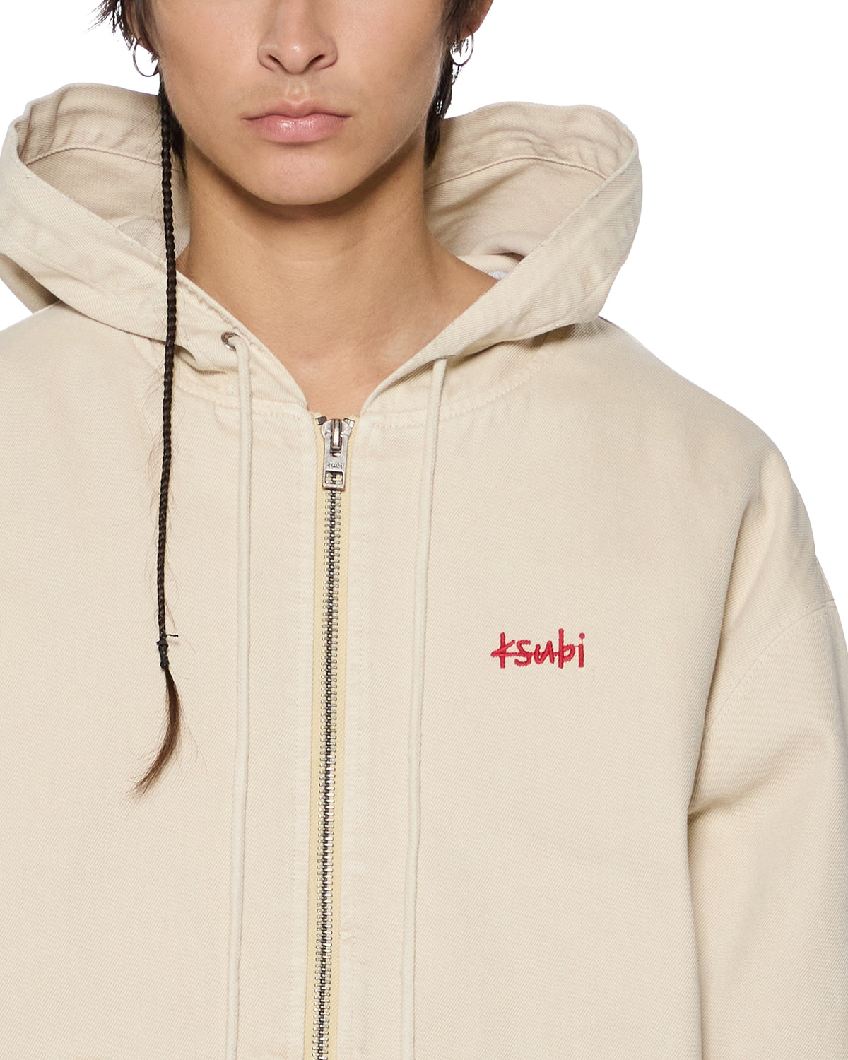 Mens Zipped Denim Hoodie Ecru Oversized Jackets - Beige