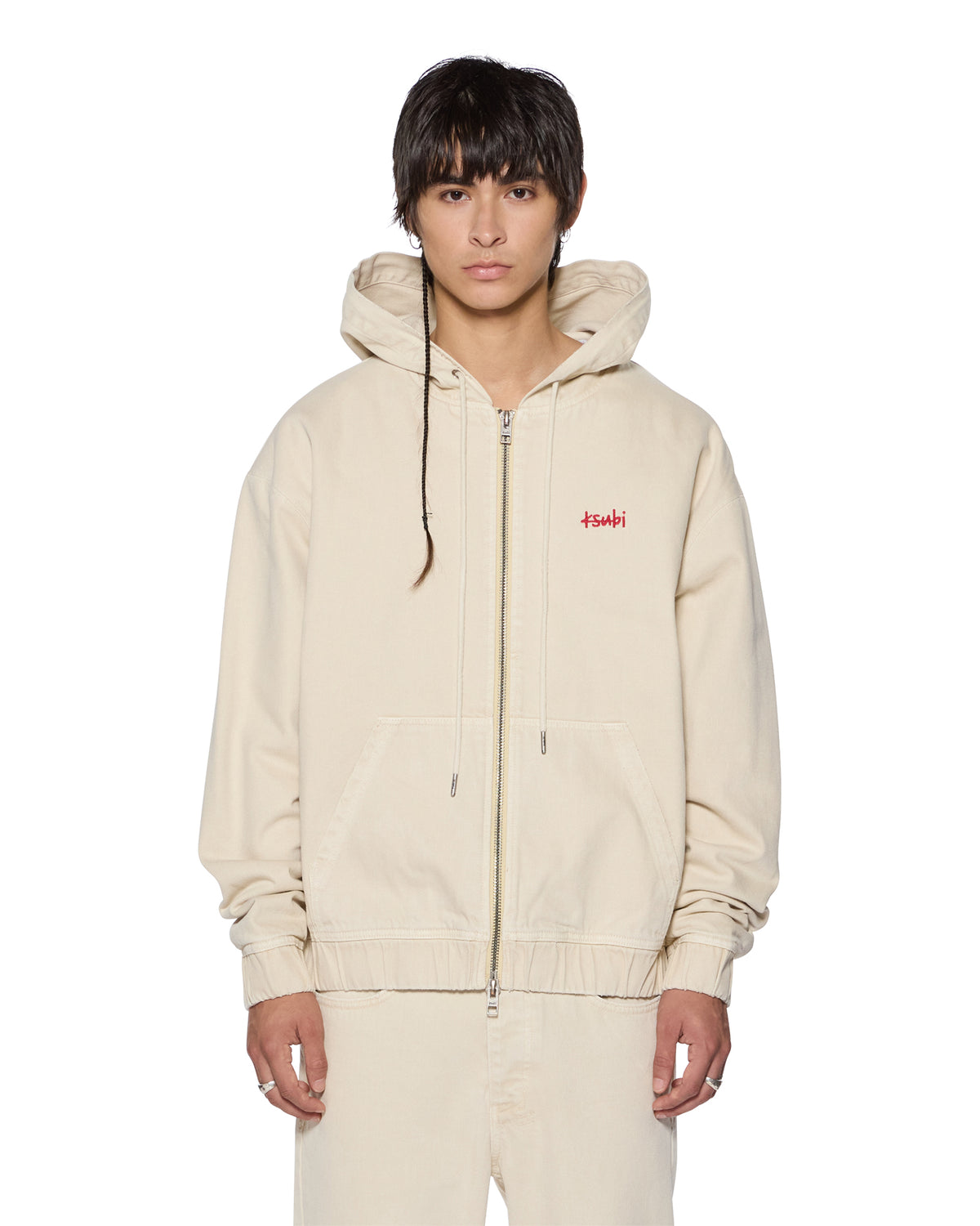 Mens Zipped Denim Hoodie Ecru Oversized Jackets - Beige