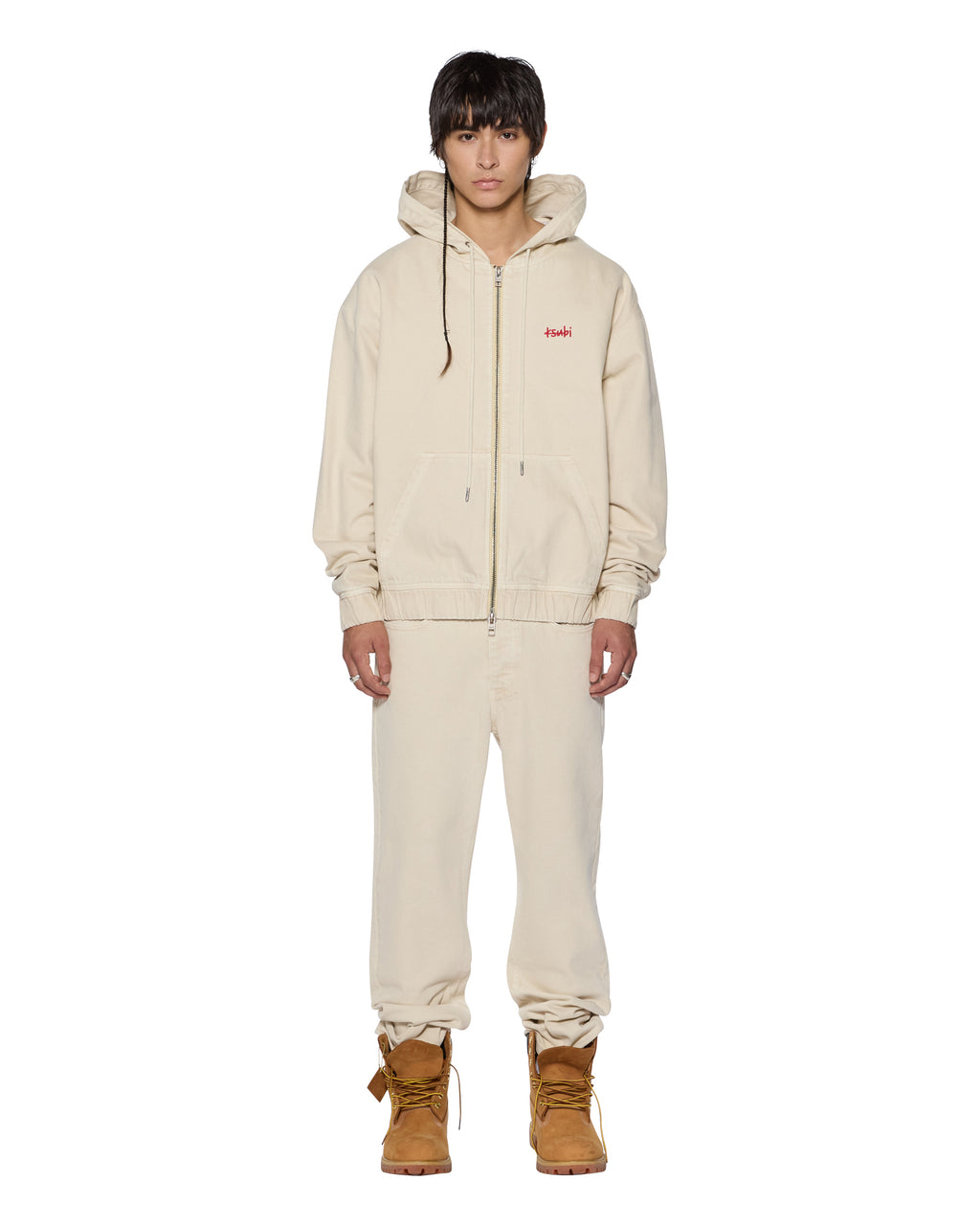 Mens Zipped Denim Hoodie Ecru Oversized Jackets - Beige