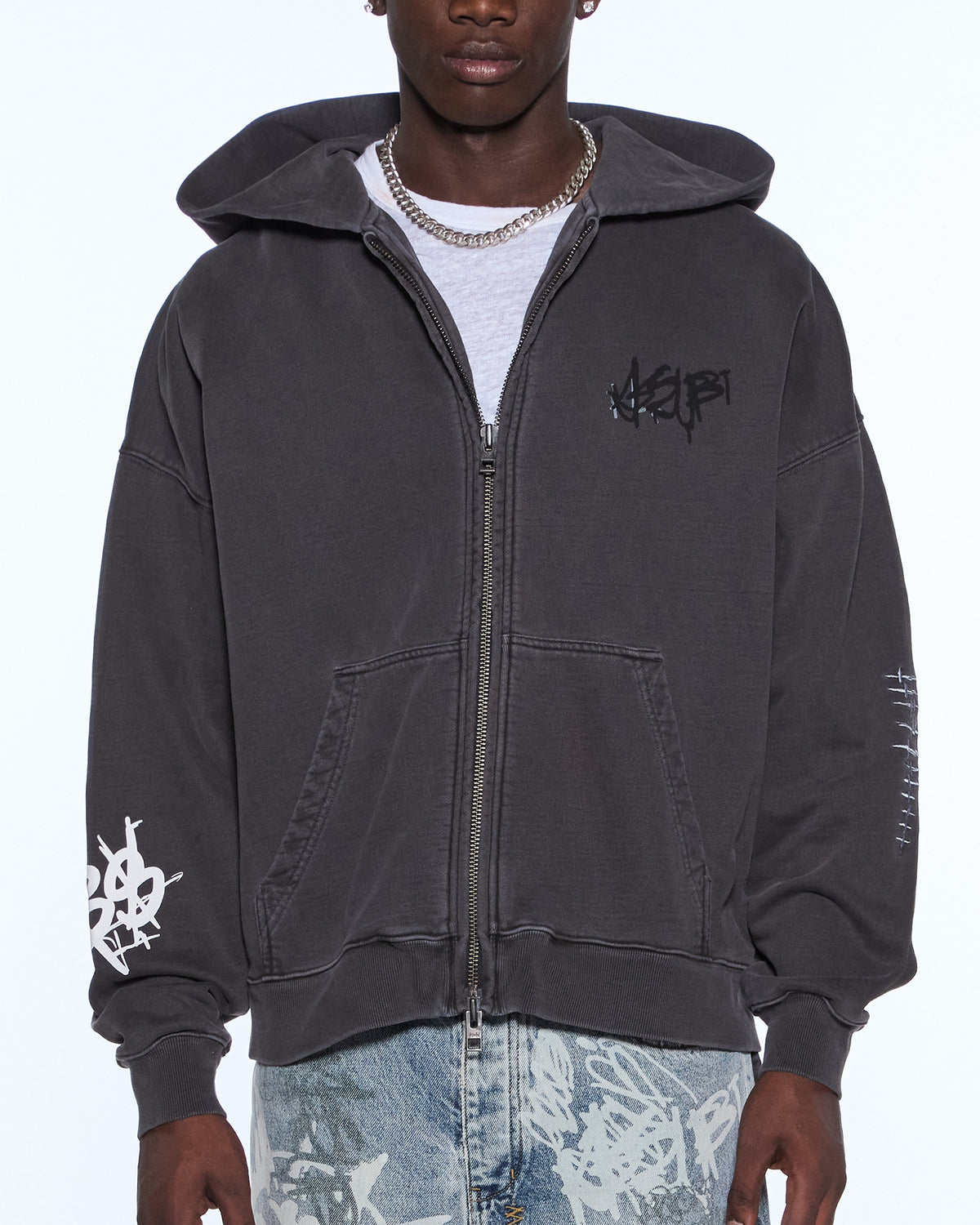 Mens Graff Ekcess Zip Thru Hoodie Faded Black Oversized Fleece - Black
