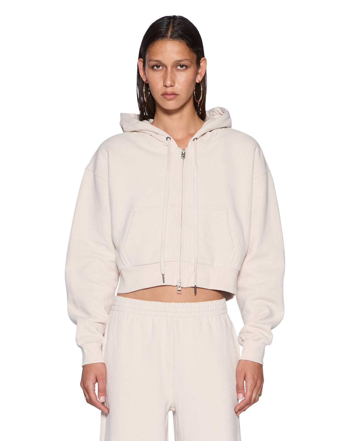 Womens Origin Cropped Hoodie Ecru Relaxed Fleece - Beige