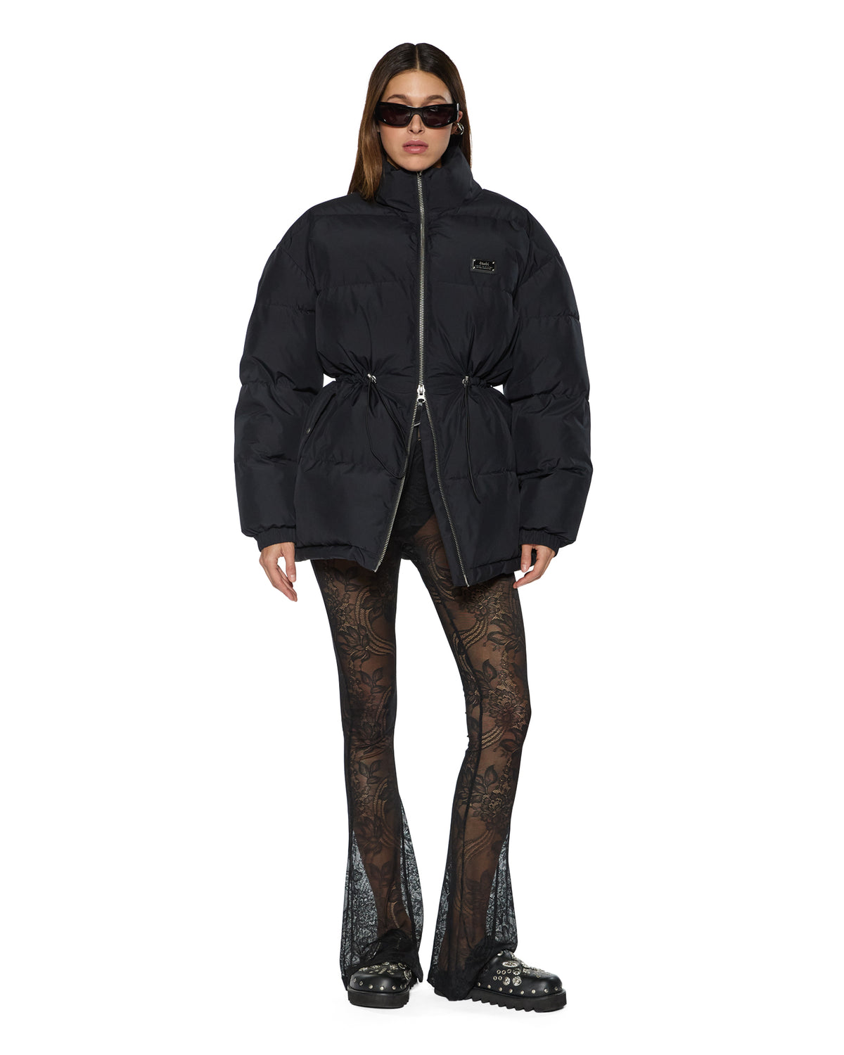WOMENS CINCHED PUFFER BLACK JACKETS