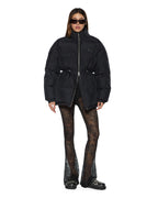 WOMENS CINCHED PUFFER BLACK JACKETS