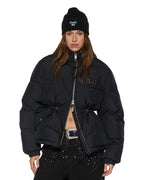 WOMENS CINCHED PUFFER BLACK JACKETS