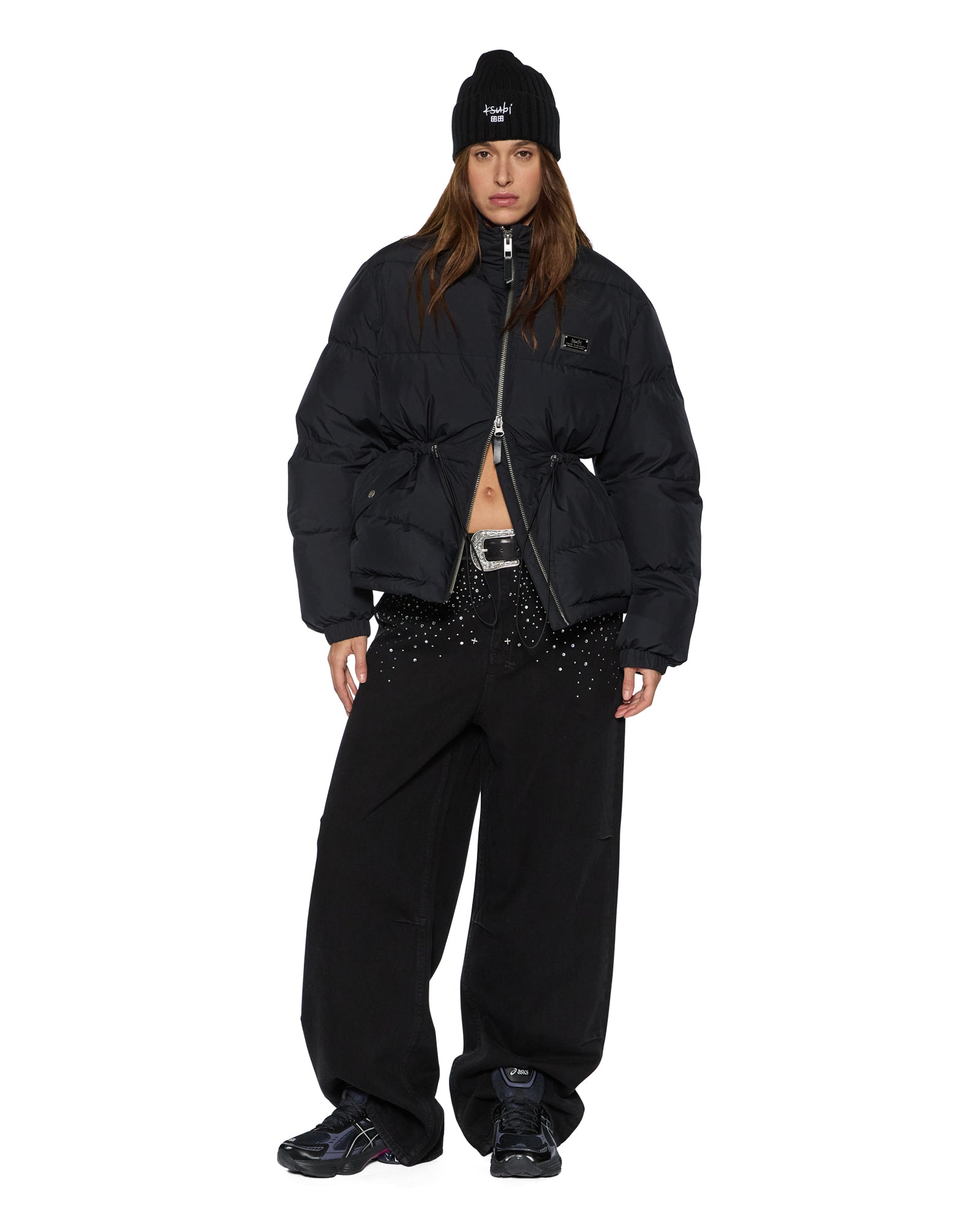 WOMENS  CINCHED PUFFER BLACK REGULAR JACKETS