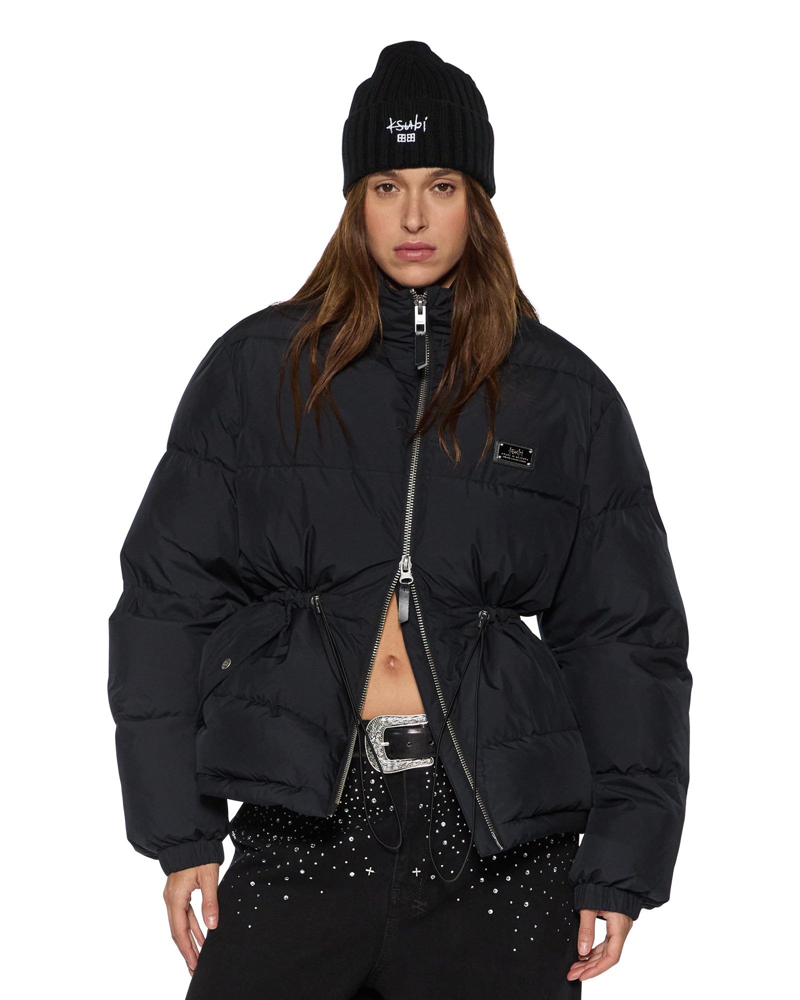 WOMENS  CINCHED PUFFER BLACK REGULAR JACKETS