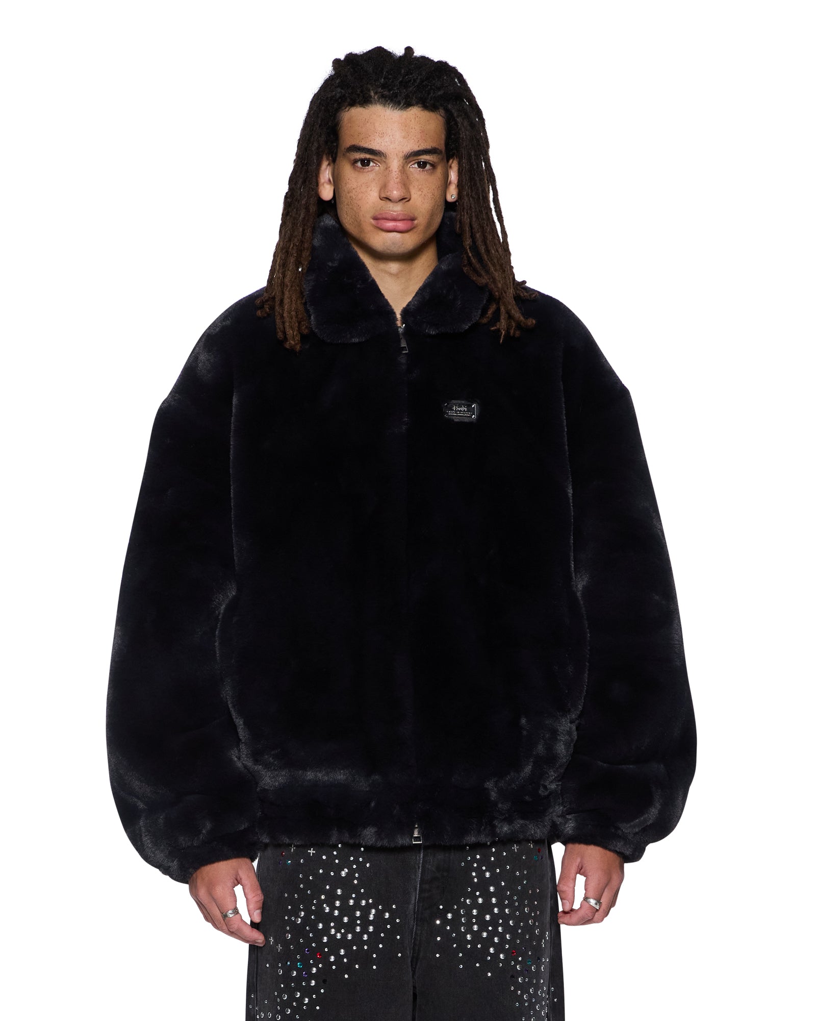 MENS HUSSLE FAUX FUR JACKET BLACK REGULAR JACKETS