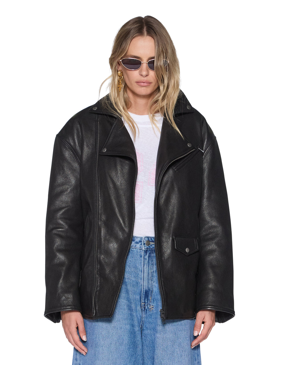 Womens Ksuper Biker Jacket Black Leather Oversized Jackets - Black