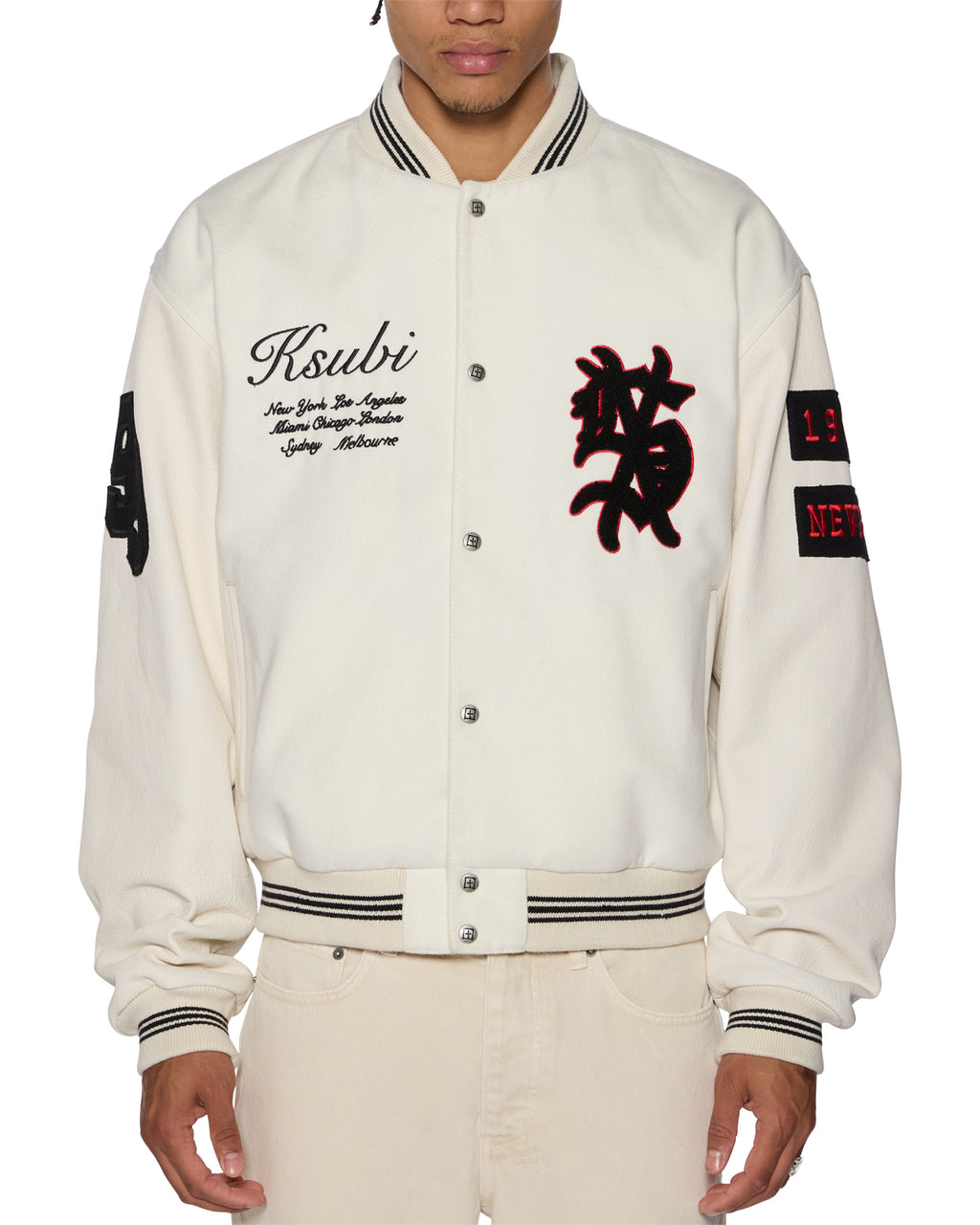 MENS PLAYOFF VARSITY JACKET ECRU JACKETS