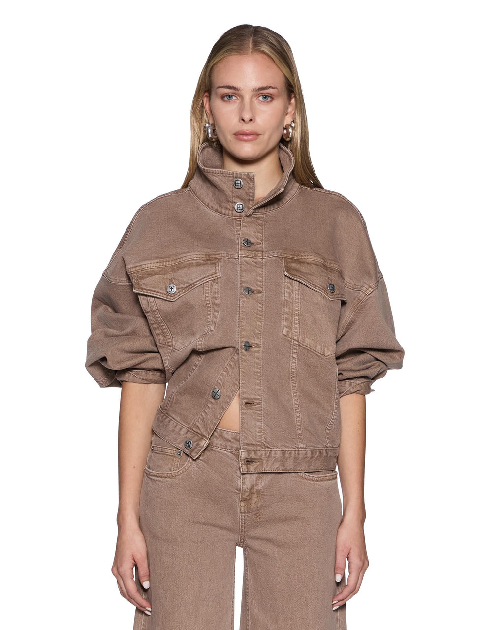 Womens Relax Funnel Neck Trucker Jacket Stone Tan Relaxed Jackets - Beige