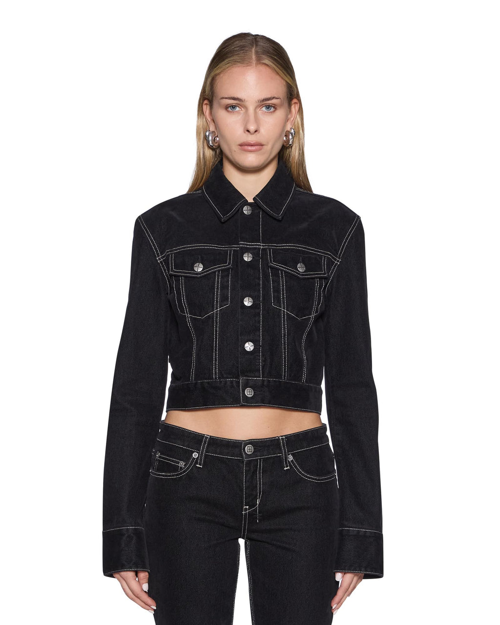 Womens Slim Trucker Flocked Black Slim Jackets - Black