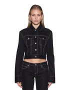 Womens Slim Trucker Flocked Black Slim Jackets - Black