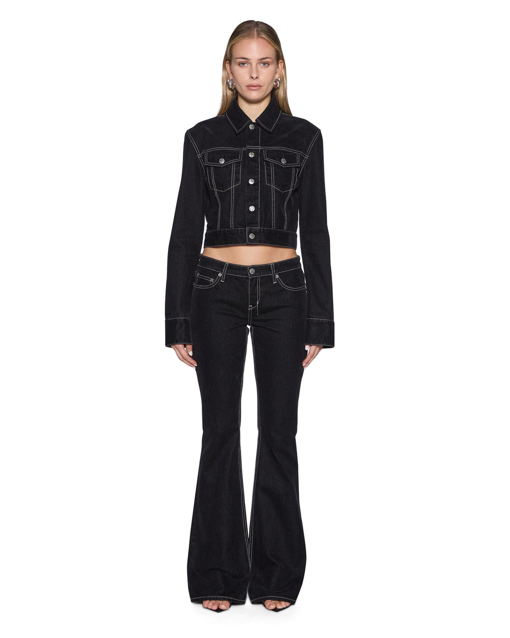 Womens Slim Trucker Flocked Black Slim Jackets - Black