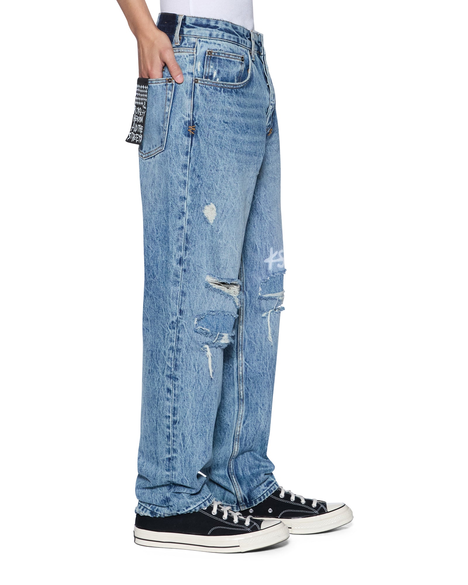 ド*フ様 attachment curved denim 00s archive Mens Anti K Public Blue Trashed 1999 Relaxed Denim Jeans | Ksubi ++