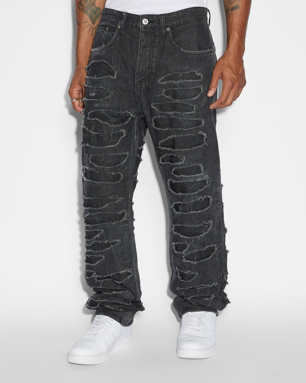 Mens Anti K Shredded Black Relaxed Denim Jeans - Black
