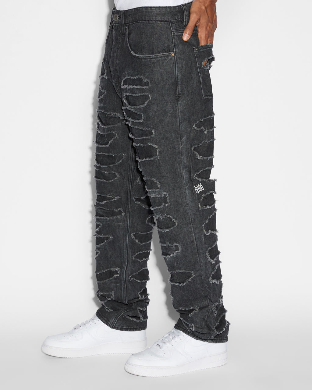 Mens Anti K Shredded Black Relaxed Denim Jeans - Black