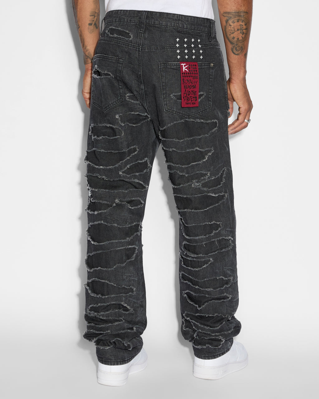 Mens Anti K Shredded Black Relaxed Denim Jeans - Black