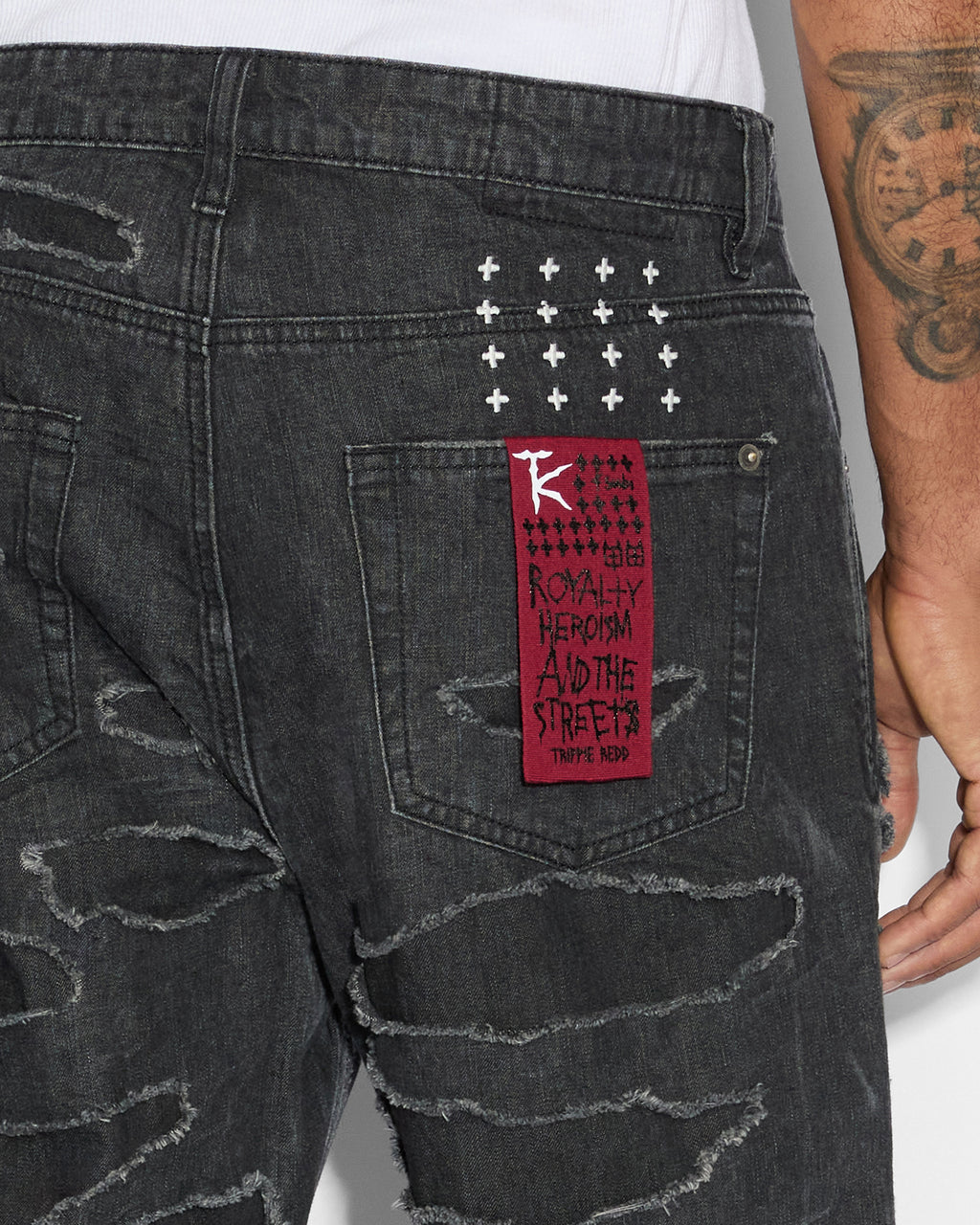 Mens Anti K Shredded Black Relaxed Denim Jeans - Black