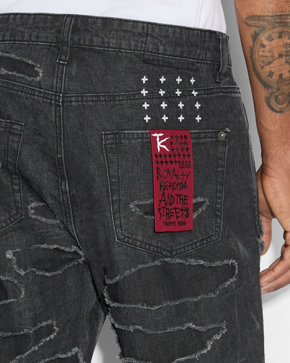 Mens Anti K Shredded Black Relaxed Denim Jeans - Black