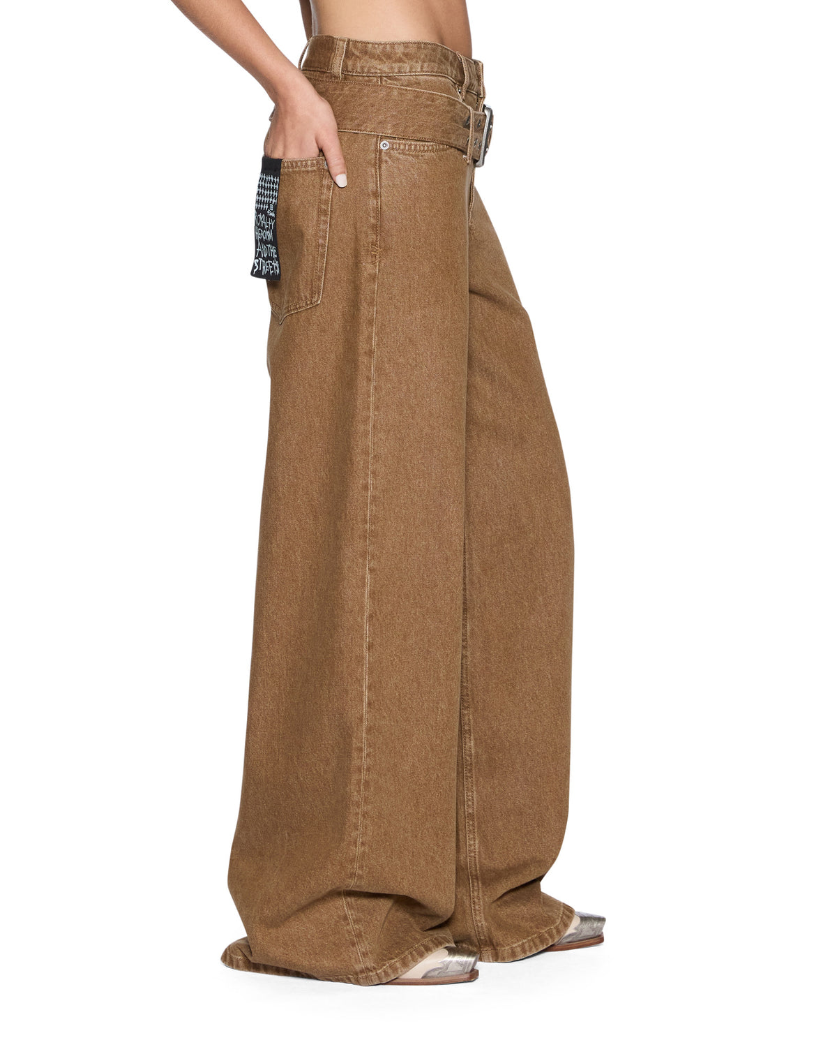 Womens Lax Jean Belted Rider Brown Oversized Denim Jeans - Brown