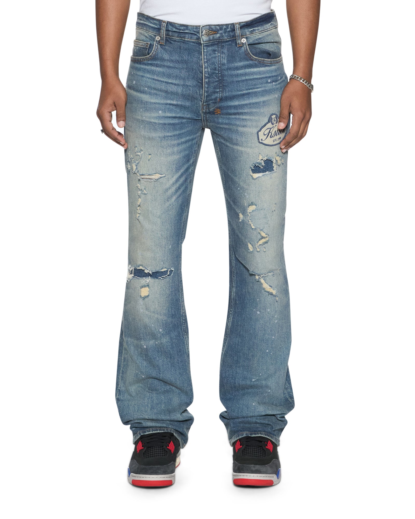 Mens Bronko Hendrix Blue Repair Bootcut Denim Jeans | Ksubi ++