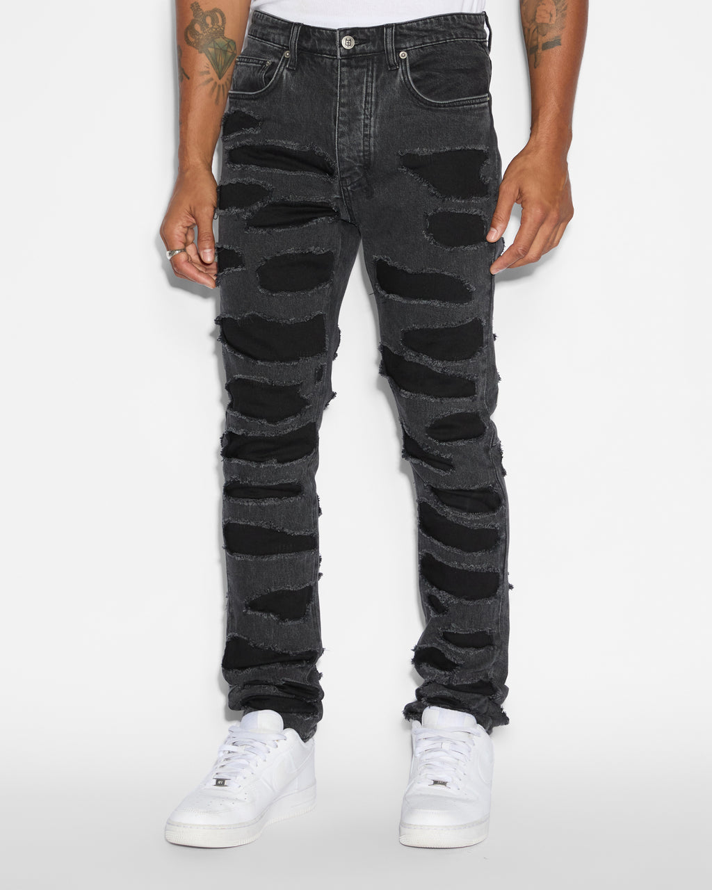 Mens Chitch Shredded Black Slim Denim Jeans - Black
