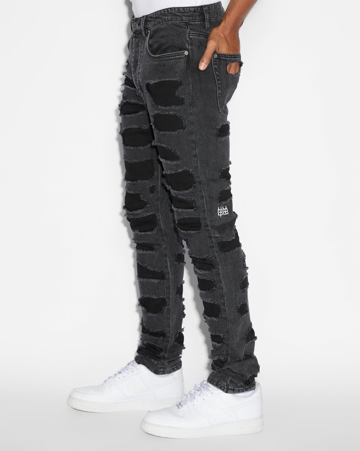 Mens Chitch Shredded Black Slim Denim Jeans - Black