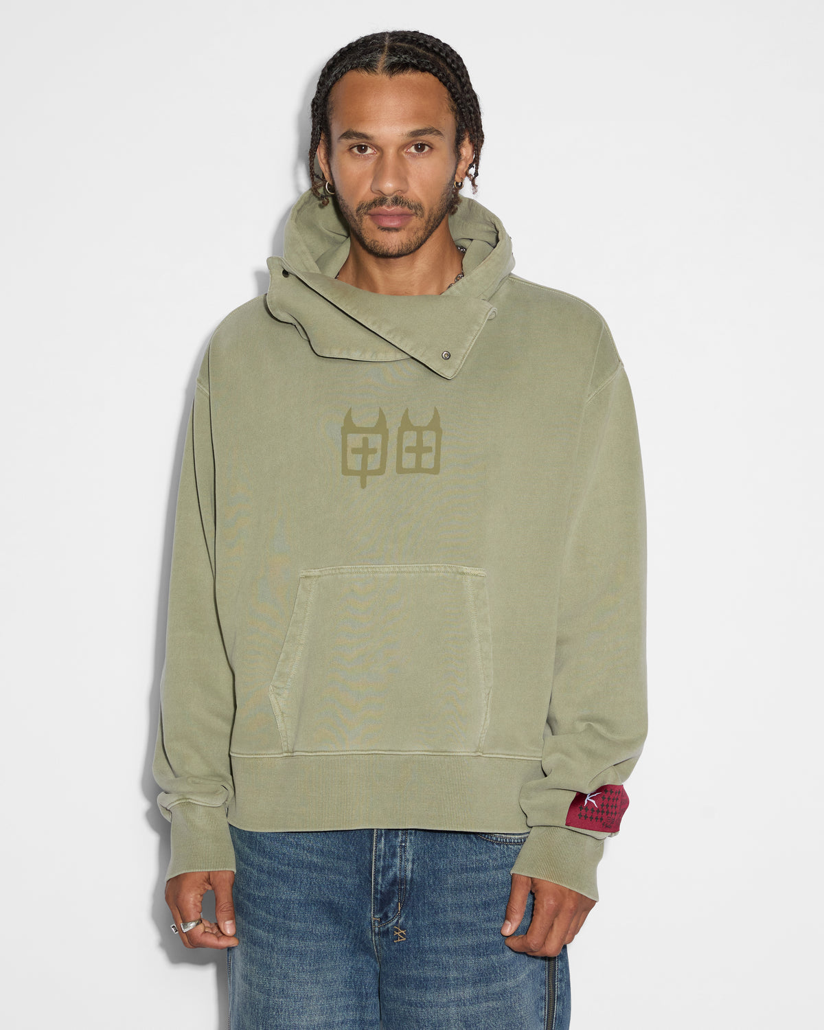 Mens Devil Trip Hoodie Khaki Oversized Fleece - Khaki
