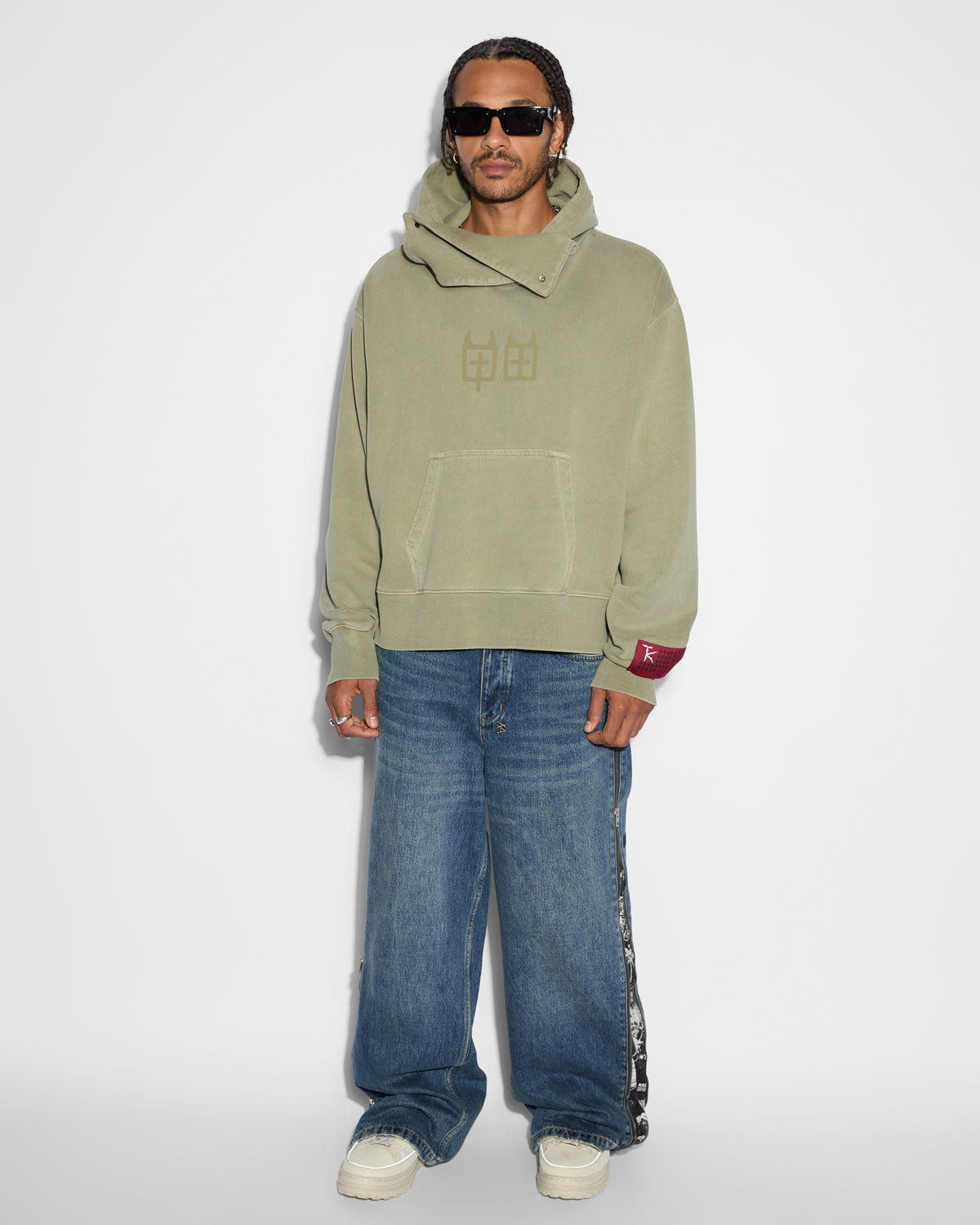 Mens Devil Trip Hoodie Khaki Oversized Fleece - Khaki